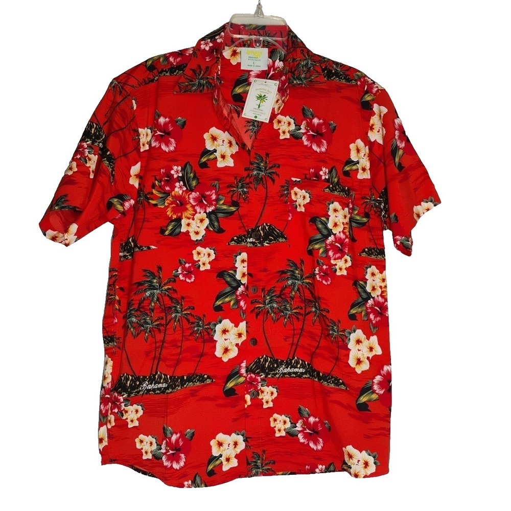 NWT Banana Bay Mens Large Bahamas Hawaiian Island Orange Button Up Shirt‎